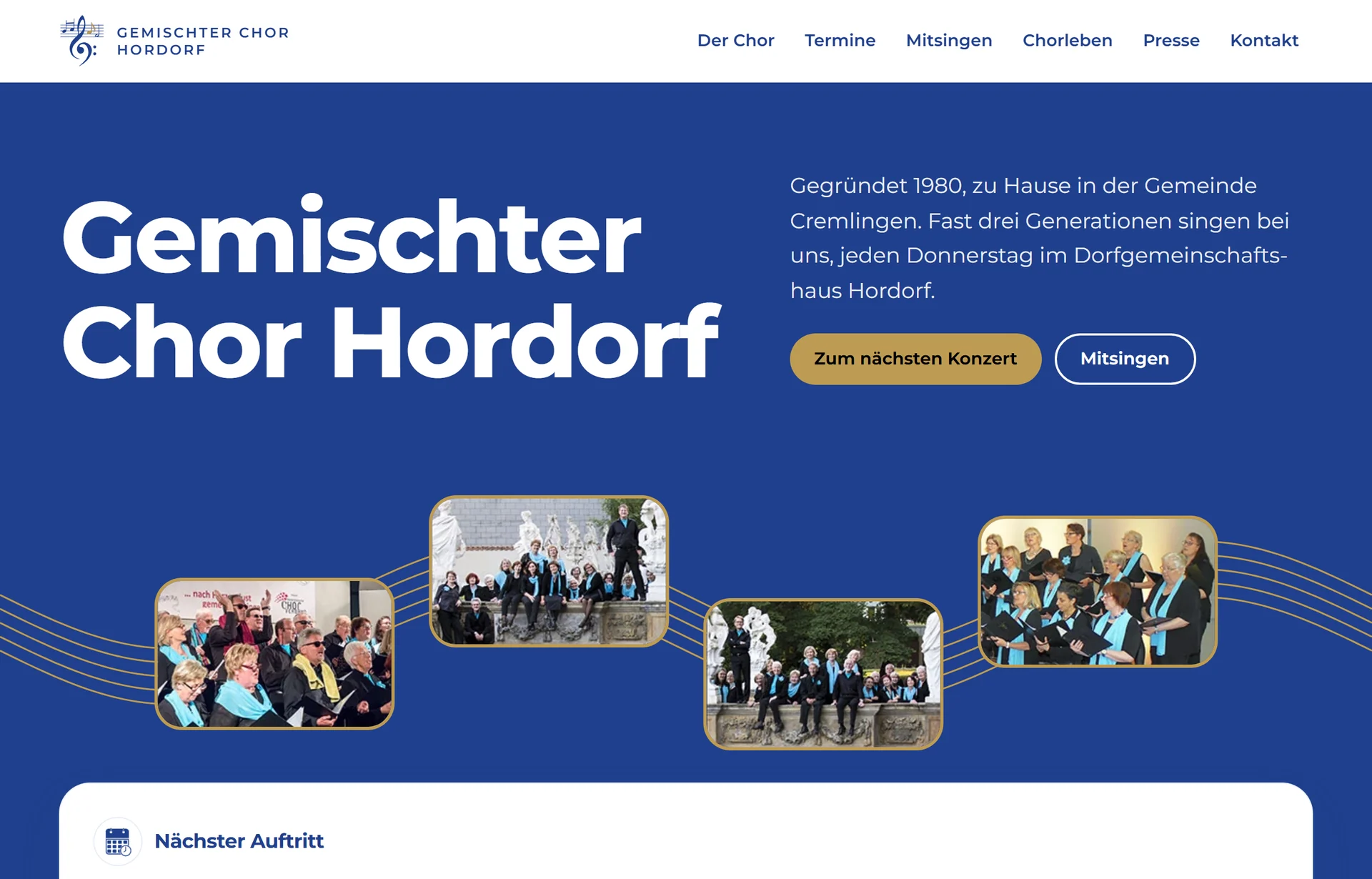 Startseite des Gemischten Chors Hordorf am Computer: blauer Kopfbereich, goldene Notenlinien und vier Chorfotos