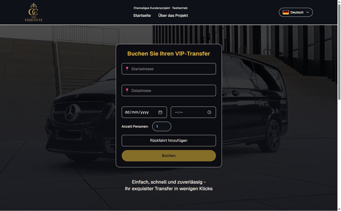 GOExquisite-Website für einen Fahrservice mit Fahrzeugfoto und Streckenplanung
