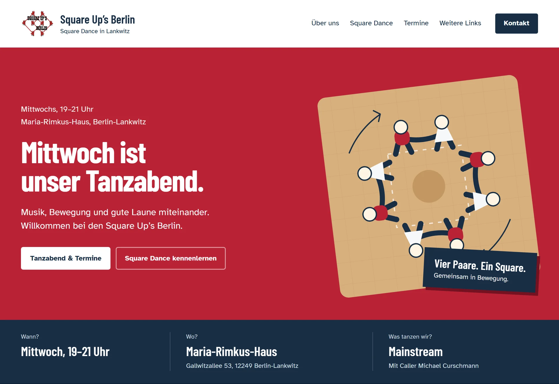 Startseite der Square Up’s Berlin am Computer: roter Kopfbereich mit dem Satz „Mittwoch ist unser Tanzabend.“ und einer Grafik mit vier Tanzpaaren
